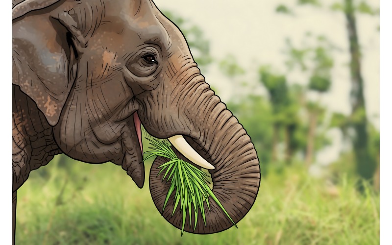 Bébi elefánt Chitvan Nemzeti Park Nepál (Mesterséges intelligencia illusztráció kép + vektor vonalas rajz)