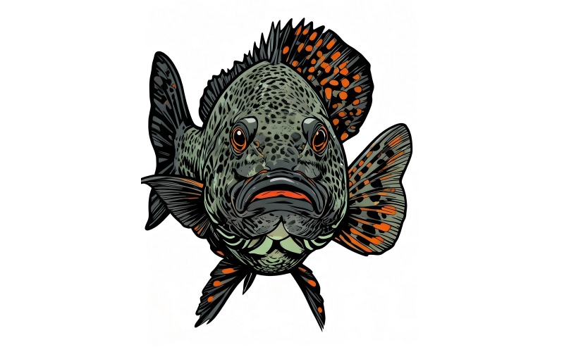 Poisson-crapet noir aux yeux noirs nageant (Illustration IA + Dessin vectoriel)