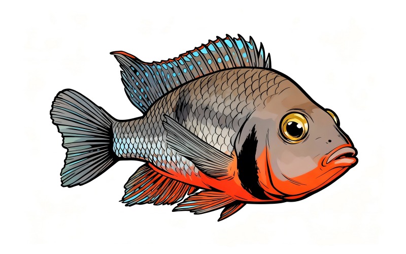 Primo piano di un pesce che nuota in un acquario (immagine illustrativa AI + disegno vettoriale)