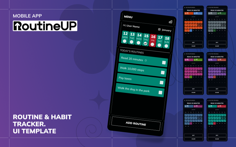 RoutineUp – Szablon interfejsu użytkownika aplikacji mobilnej do śledzenia nawyków i rutyn