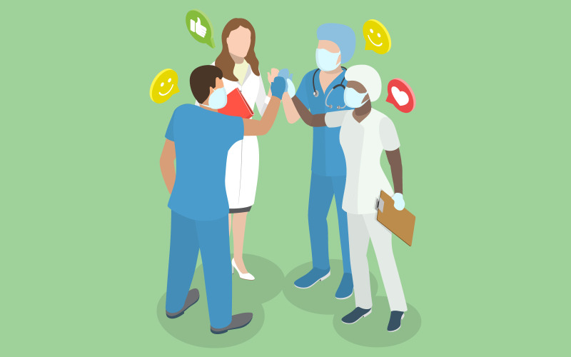 Il team dell'ospedale e i medici entusiasti si scambiano le congratulazioni