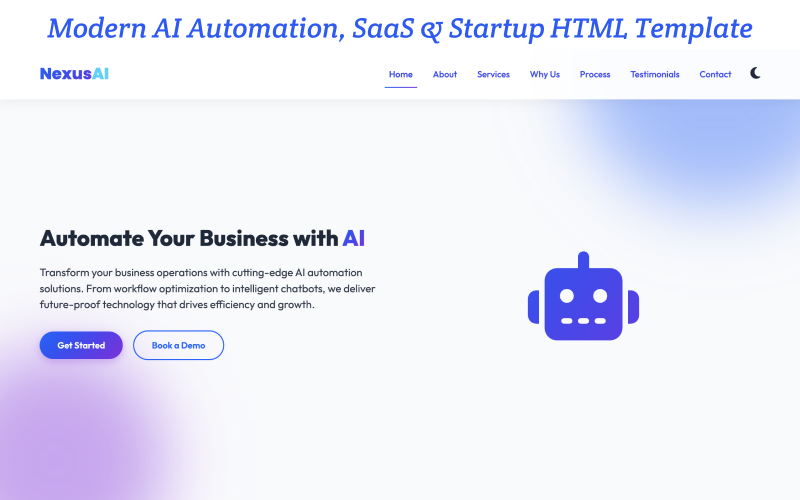 Modello HTML per automazione AI moderna, SaaS e startup