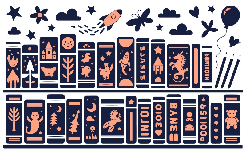 Illustrazione di una graziosa libreria per bambini con icone fantasy per l'arredamento della cameretta dei bambini