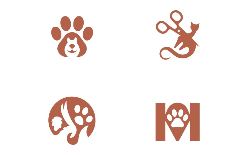 Set di icone con logo per la cura degli animali domestici con simboli di zampa e animali