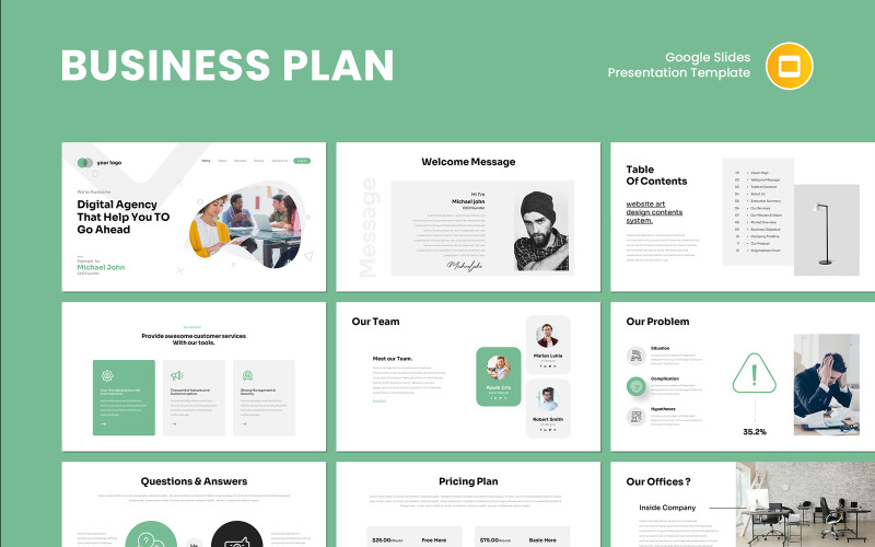 Bewerkbare, moderne Google Slides-presentatiesjabloon voor een bedrijfsplan