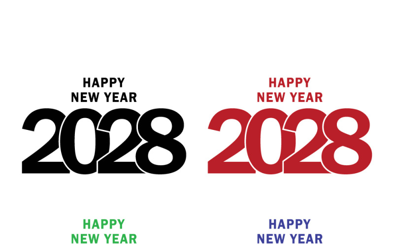 Samling av gott nytt år 2028-designer i svart, rött, grönt och blått på vit bakgrund