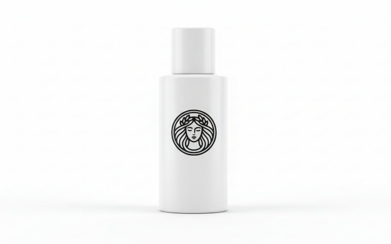 Logo de luxe – Emblème circulaire représentant un visage de femme élégant couronné de laurier, pour les soins de la peau et les cosmétiques