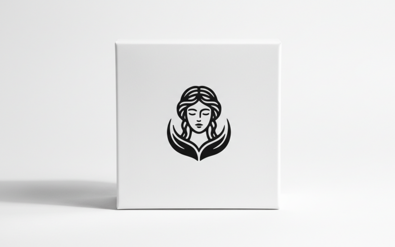 Logo di lusso per centro estetico femminile: elegante volto di donna con emblema a forma di foglia per la cura della pelle e i cosmetici