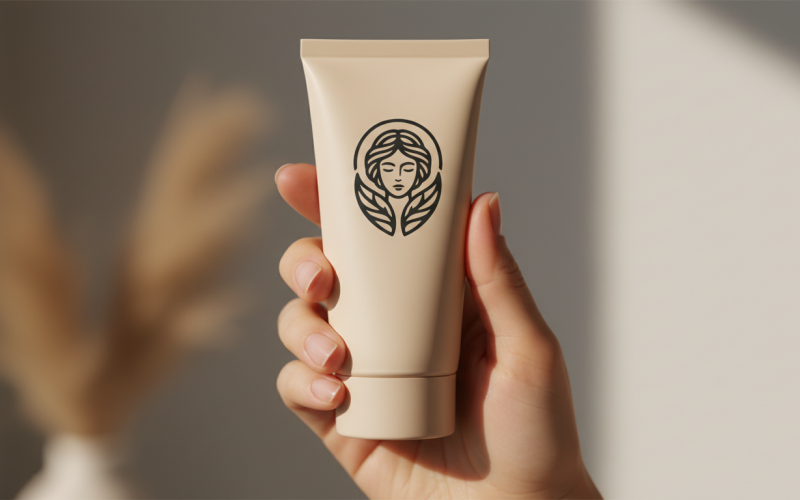 奢华美容水疗中心标志——以叶翼为特色的女性女神徽章，适用于护肤和化妆品品牌