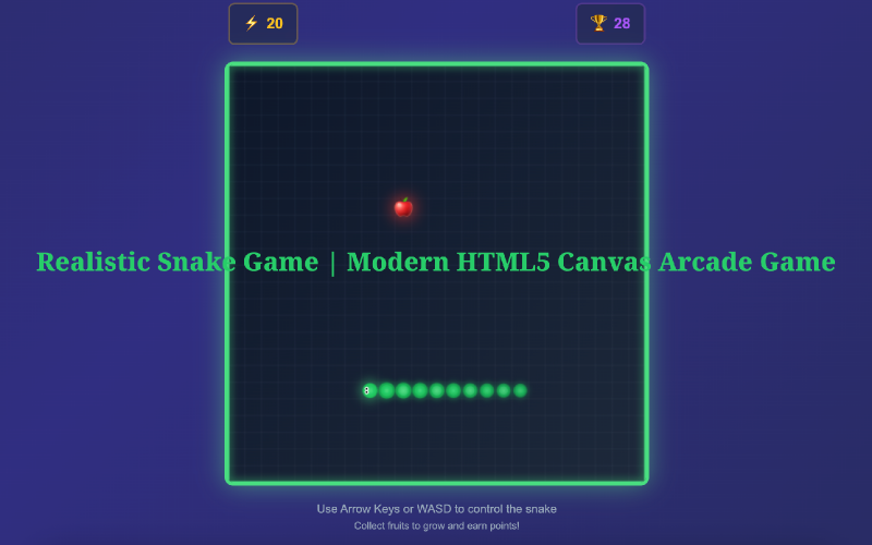 Jogo da cobrinha realista | Jogo de arcade moderno em HTML5 Canvas