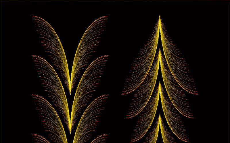 Motif fractal abstrait de plumes dorées avec des lignes symétriques décoratives évoquant des arbres stylisés