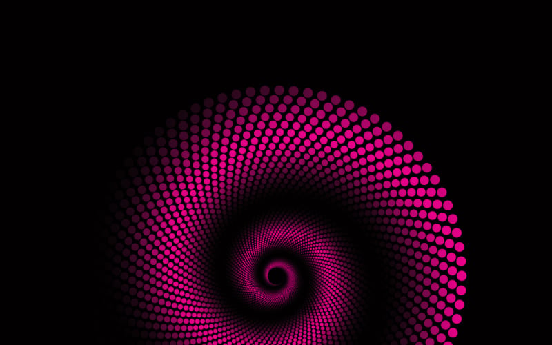 Ein abstraktes, rosafarbenes Spiralmuster auf schwarzem Hintergrund erzeugt eine tiefe, wirbelnde Vortexbewegung.