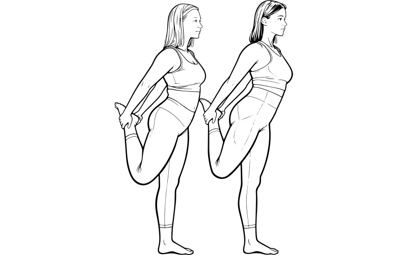 Vectorlijntekening van vrouwen die zich samen uitrekken.