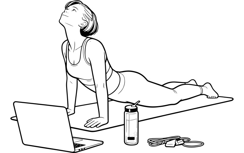 Ragazza in uniforme sportiva rossa che pratica yoga a casa 2 Vector Line Art
