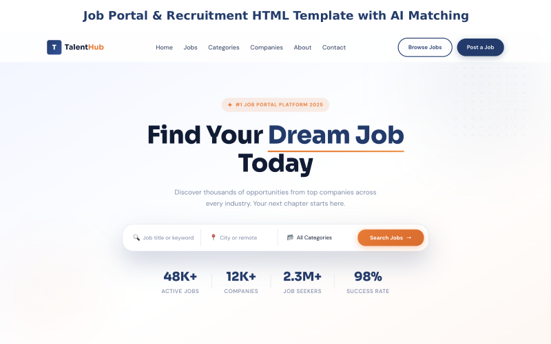 TalentHub – HTML-sjabloon voor vacatureportal en recruitment met AI-matching