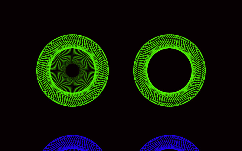 Abstraktes geometrisches Muster aus Neonringen in Grün und Blau, Spirograph-Kreise auf schwarzem Hintergrund