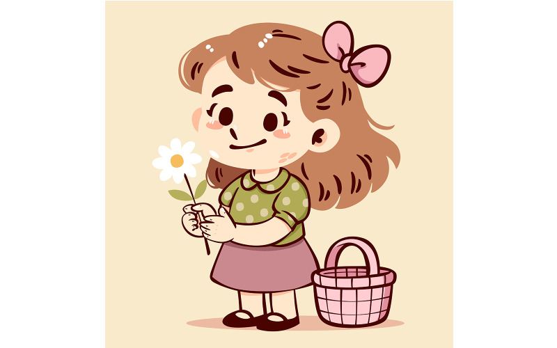 Cartoon eines Mädchens, das glücklich eine Blume hält