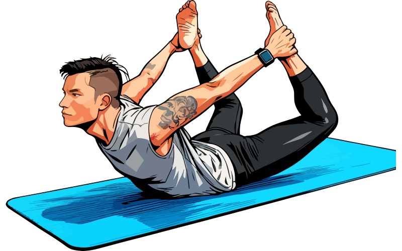 Ilustração de um homem praticando ioga à beira da piscina