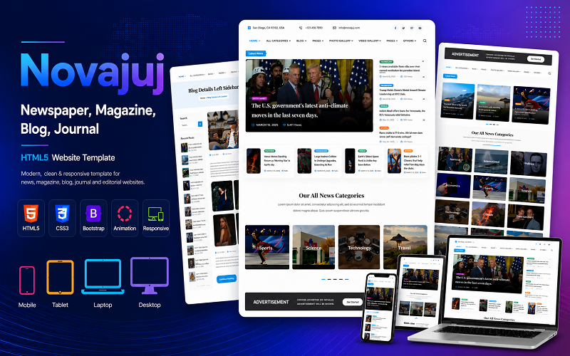 Novajuj - Újság, Magazin, Blog, Folyóirat HTML5 Weboldal Sablon