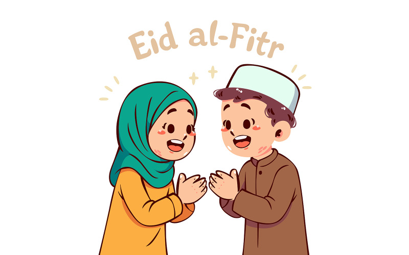 Tecknad film av en pojke och en flicka som firar Eid al-Fitr