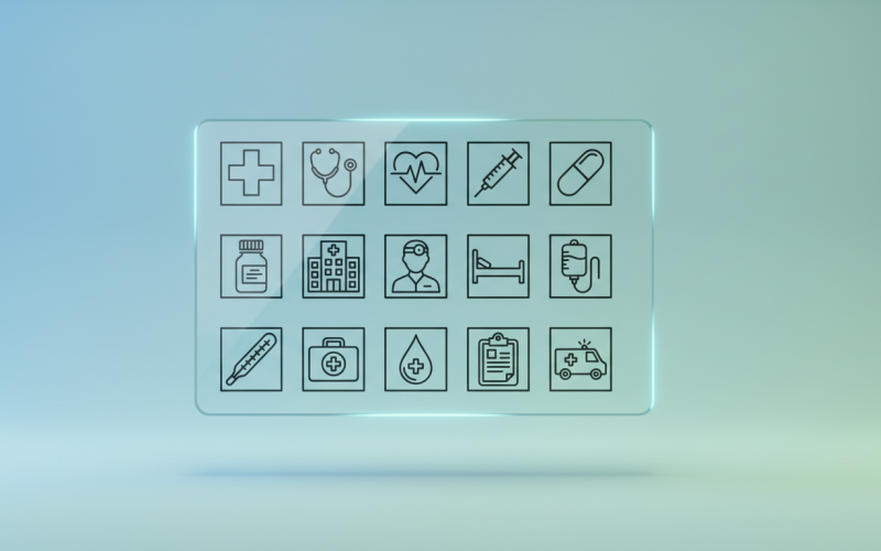 Medische en gezondheidszorg lijniconen – Omtreklijnpakket voor ziekenhuis, dokter en spoedeisende hulp