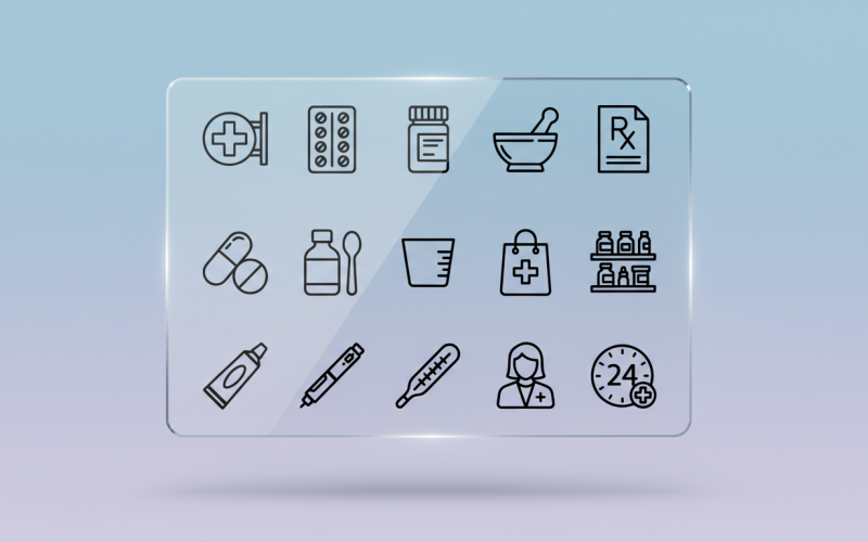 Pictogrammen voor apotheek- en medische producten – Overzicht van medicijnen, receptplichtige medicijnen en drogisterijproducten