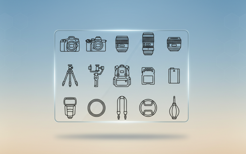 Fotoğraf Ekipmanları ve Kamera Aksesuarları Çizgi Simgeleri – DSLR, Objektif, Tripod Anahat Vektör Paketi