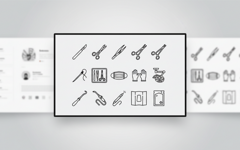 Pictogrammen voor chirurgische en medische instrumenten – scalpel, pincet, masker, operatiegereedschap