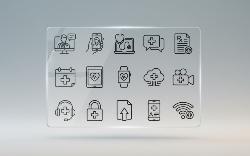 Lijnpictogrammen voor telegeneeskunde en digitale gezondheidszorg – Overzicht van medische apps en online artsen