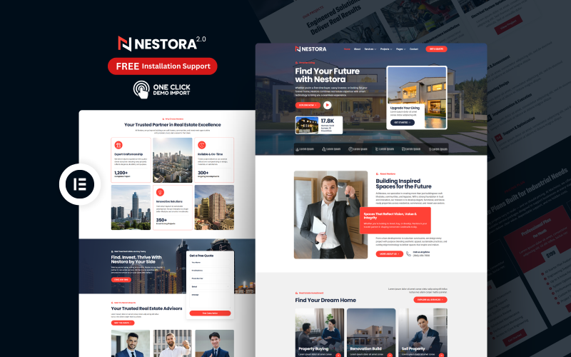 Nestora 2.0 – WordPress Elementor-mallpaket för fastigheter och byggnation