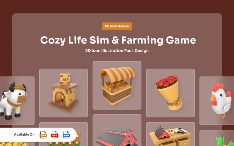 Pakiet ikon 3D do gry Cozy Farming Sim