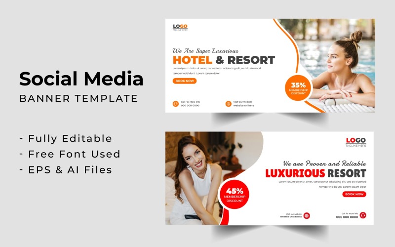 Modello di banner di copertina Facebook per hotel e resort