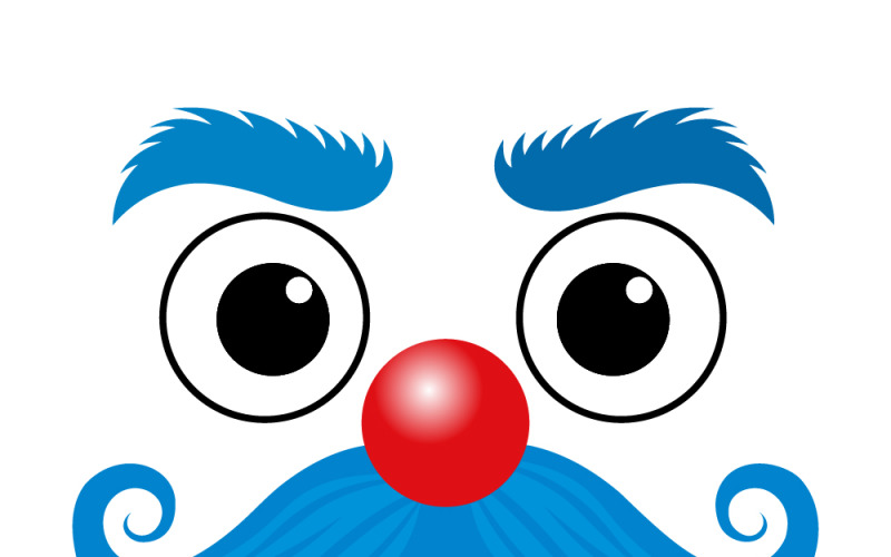 Faccia da clown giocoso per il pesce d'aprile con baffi blu, naso rosso brillante e occhi grandi