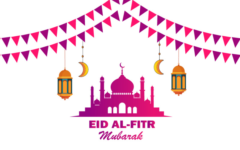 Cartão de felicitações Eid Al-Fitr Mubarak com silhueta de mesquita, lanternas penduradas e luas crescentes.
