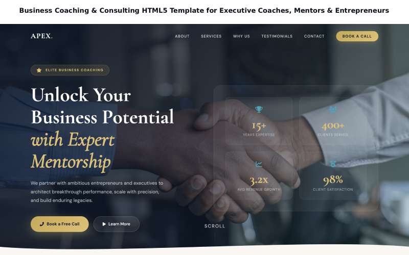HTML5-sjabloon voor zakelijke coaching en consultancy, speciaal ontworpen voor executive coaches, mentoren en ondernemers.