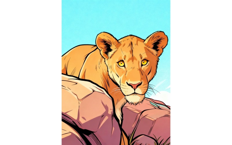 Illustration d'une lionne assise observant un appareil photo sur des rochers