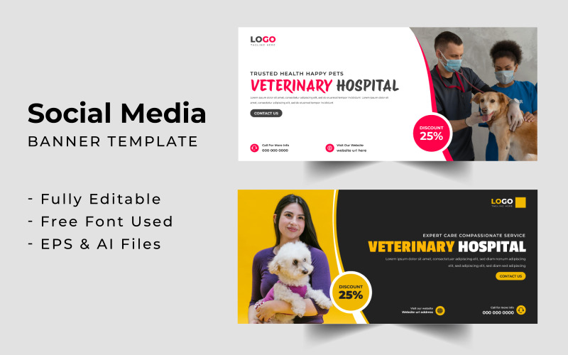Modello di banner di copertina di Facebook per ospedale veterinario
