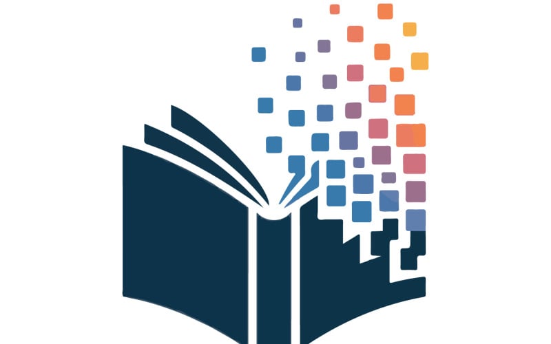 Logo moderno per l'apprendimento digitale con libro aperto e pixel