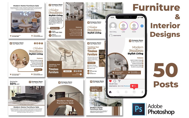 Pacchetto Photoshop per post social per esposizione di mobili interni