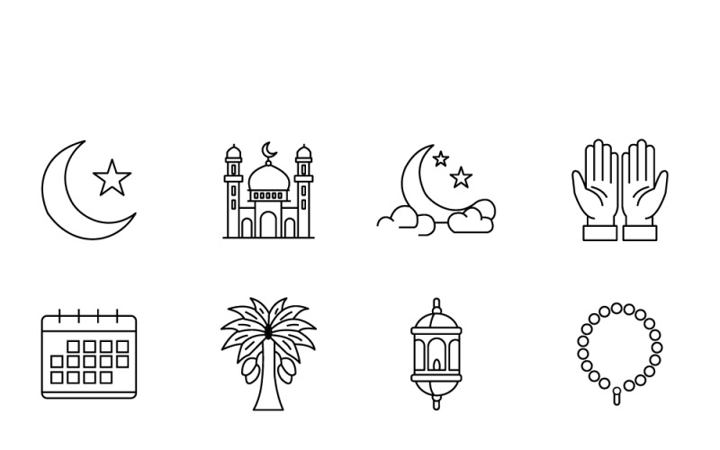 Ramadan- en islamitische iconenset met symbolen van de halve maan, moskee, gebed, Koran en lantaarn.