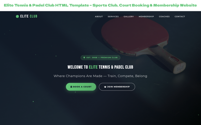 Modello HTML per Elite Tennis & Padel Club – Sito web per club sportivi, prenotazioni campi e abbonamenti