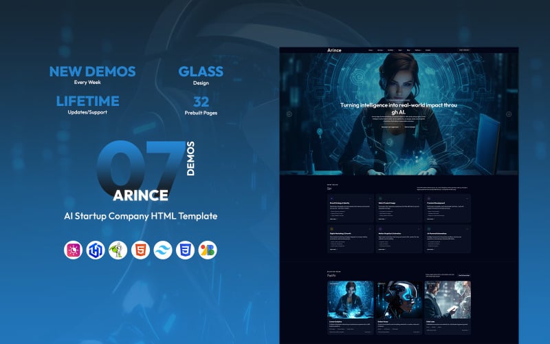 Arince - HTML-шаблон стартапу зі штучним інтелектом - Tailwind CSS - Дизайн скла