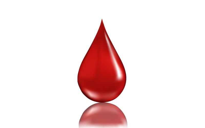 Ein roter Blutstropfen mit glänzender Spiegelung auf weißem Hintergrund symbolisiert Spende und medizinische Versorgung.