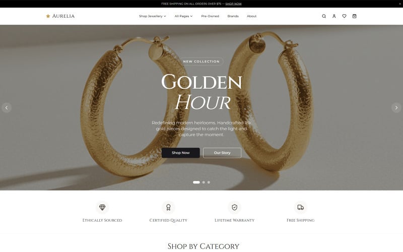 Aurelia Gems – HTML-шаблон електронної комерції для ювелірних виробів преміум-класу
