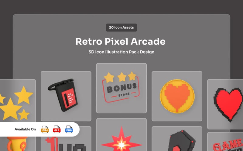 Zestaw ikon Retro Arcade Pixel 3D