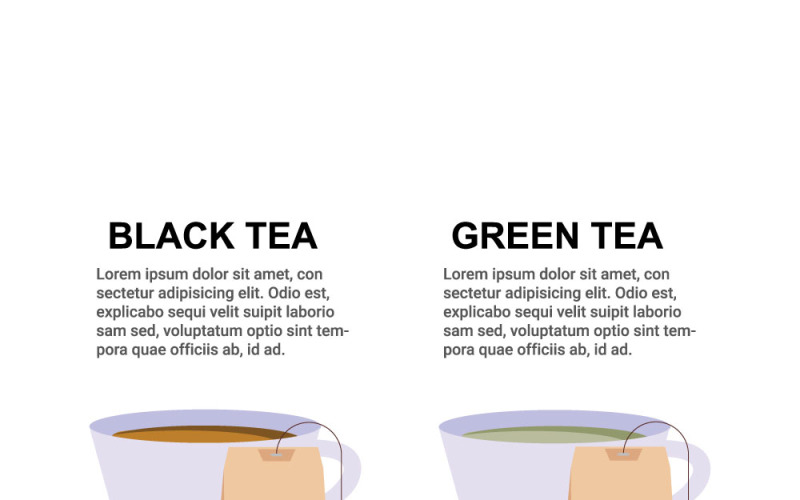 Ilustración vectorial de tazas de té negro y té verde con bolsitas de té