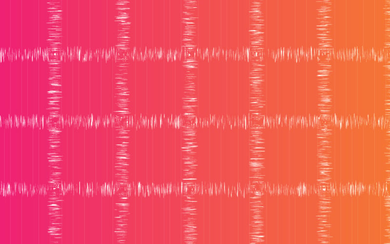 Fond de grille de formes d'onde sonores colorées avec dégradé rose-orange et motif audio abstrait
