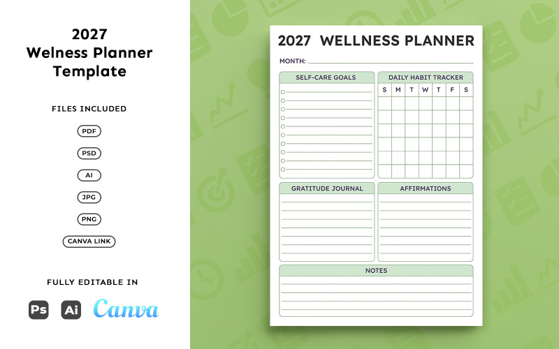 Modèle de planificateur bien-être 2027 – Organisation personnelle, soins personnels et suivi des habitudes, format A4 minimaliste