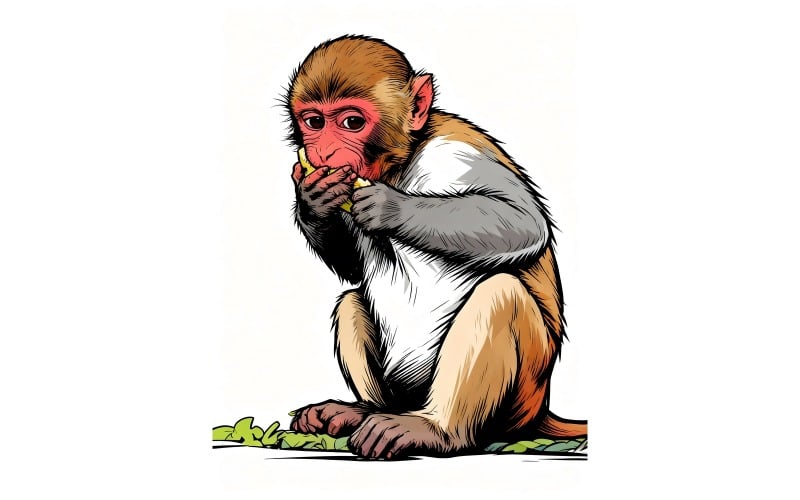 Primo piano di una scimmia macaco rhesus che mangia un'illustrazione