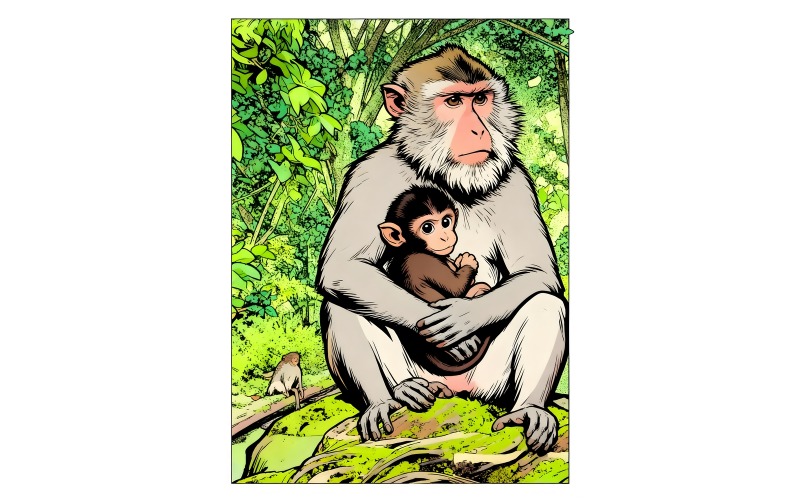 Illustrazione di una simpatica scimmia macaco che tiene in braccio il suo cucciolo